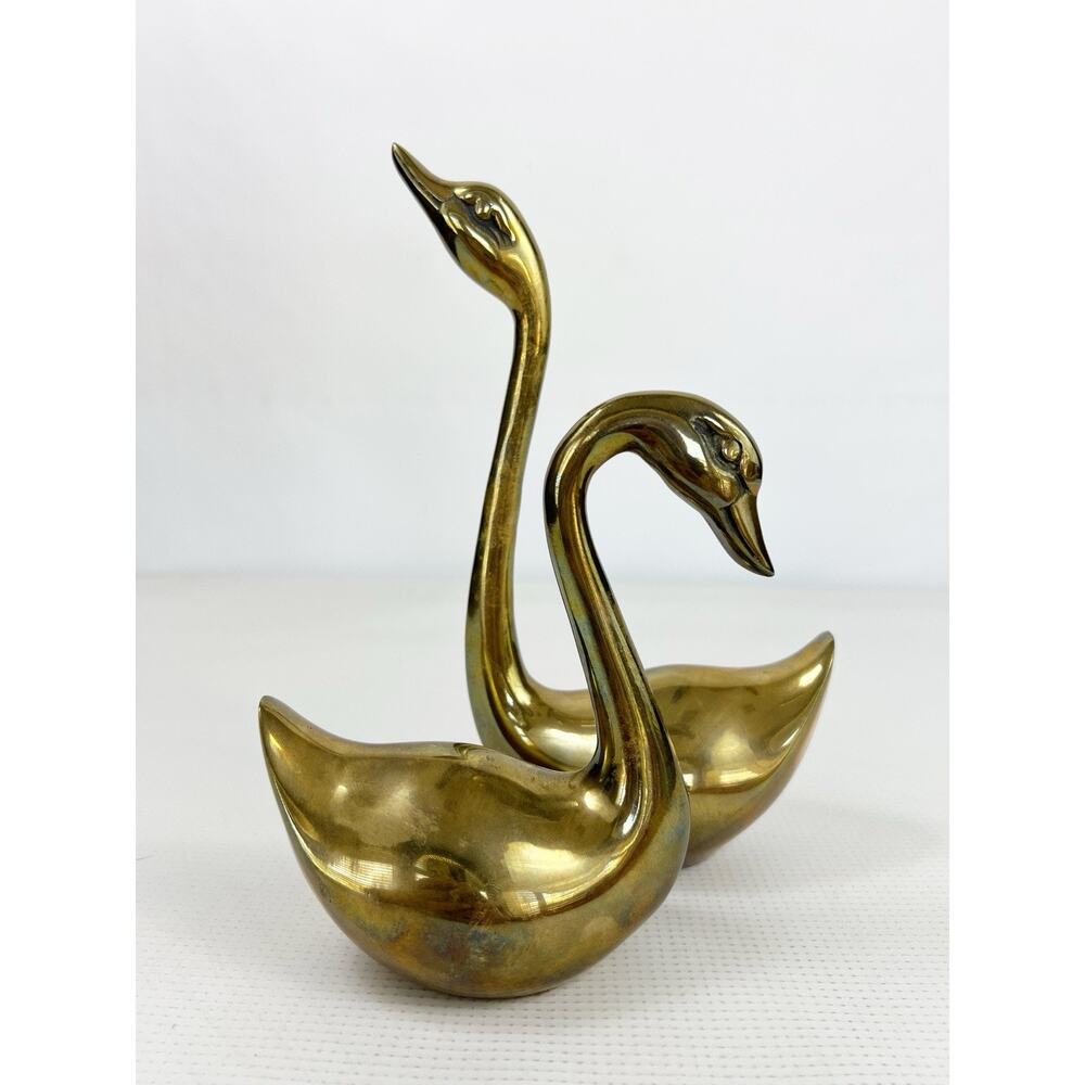 Vintage Brass Swans Set of Two Retro Home Decor Figurine MCM Patina Great Age!